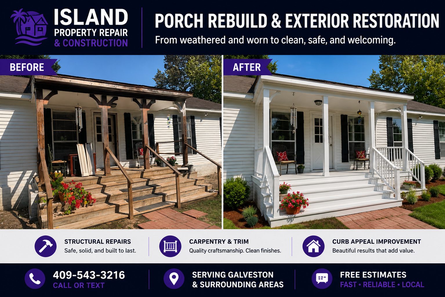 Porch Rebuild & Exterior Restoration project by Island Property Repair and Construction in Galveston